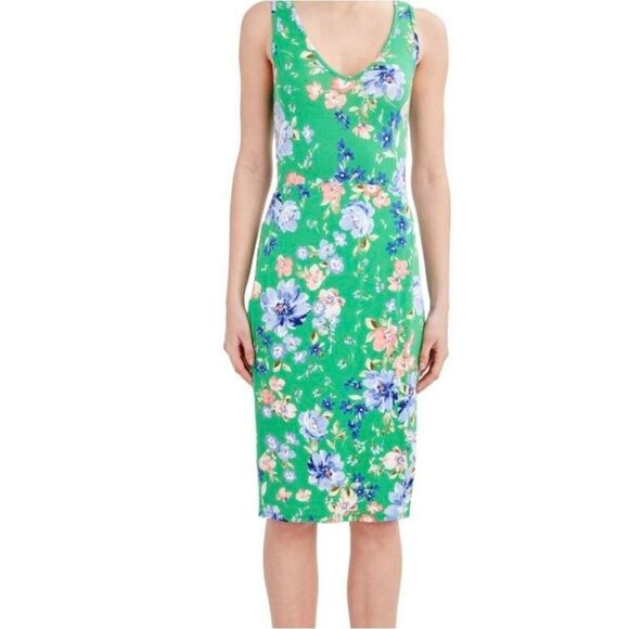 BCBG Paris Green Floral Cut Out Back Midi Dress boho Sleeveless Large‎ - Picture 1 of 9